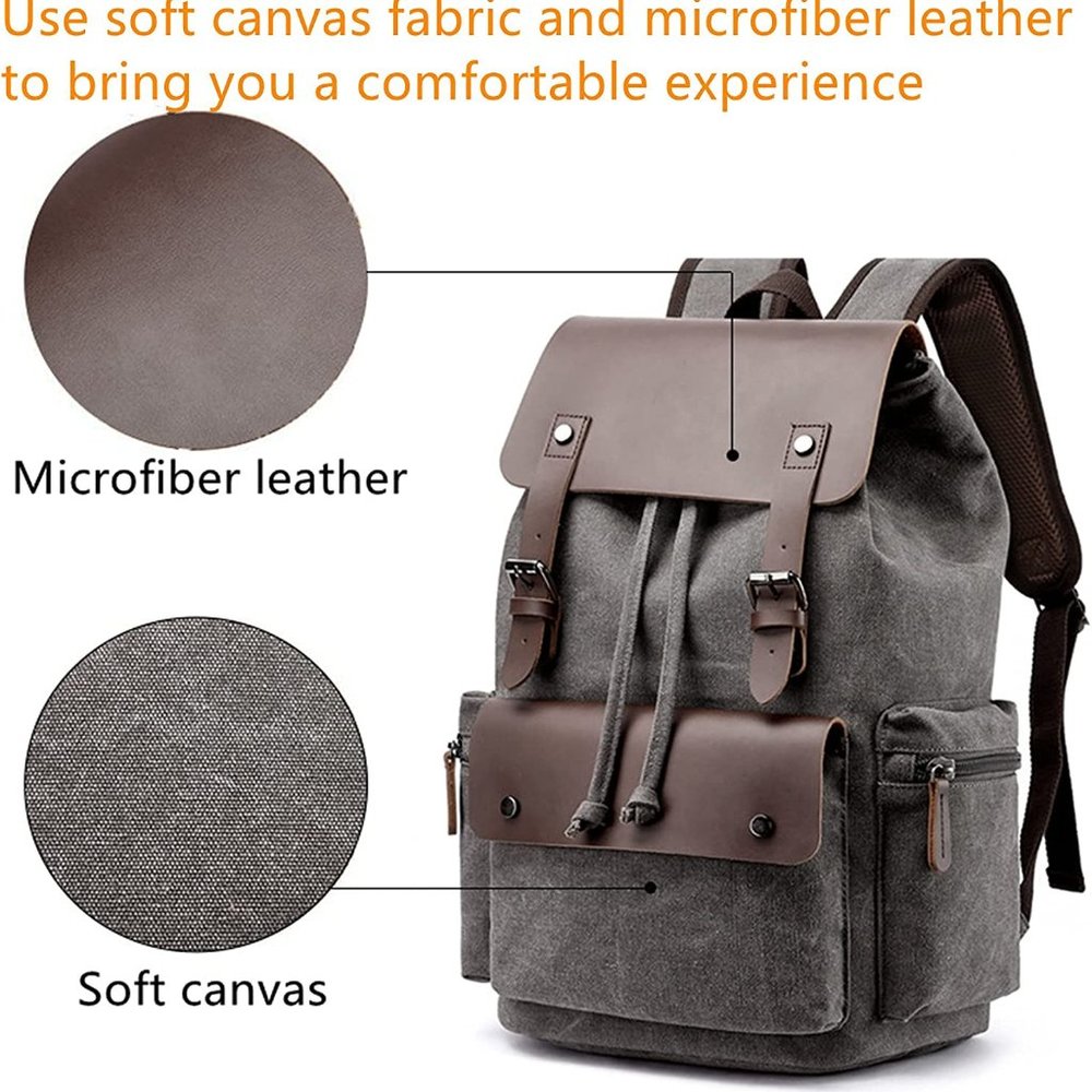 Vintage Leather Backpack for Men & Women, Denim Canvas Laptop Rucksack